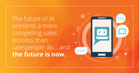 A chatbot conversation on a mobile phone with text overlay that reads: The future of AI presents a more compelling sales process than salespeople do...and the future is now.