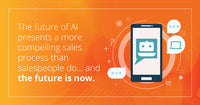 A chatbot conversation on a mobile phone with text overlay that reads: The future of AI presents a more compelling sales process than salespeople do...and the future is now.