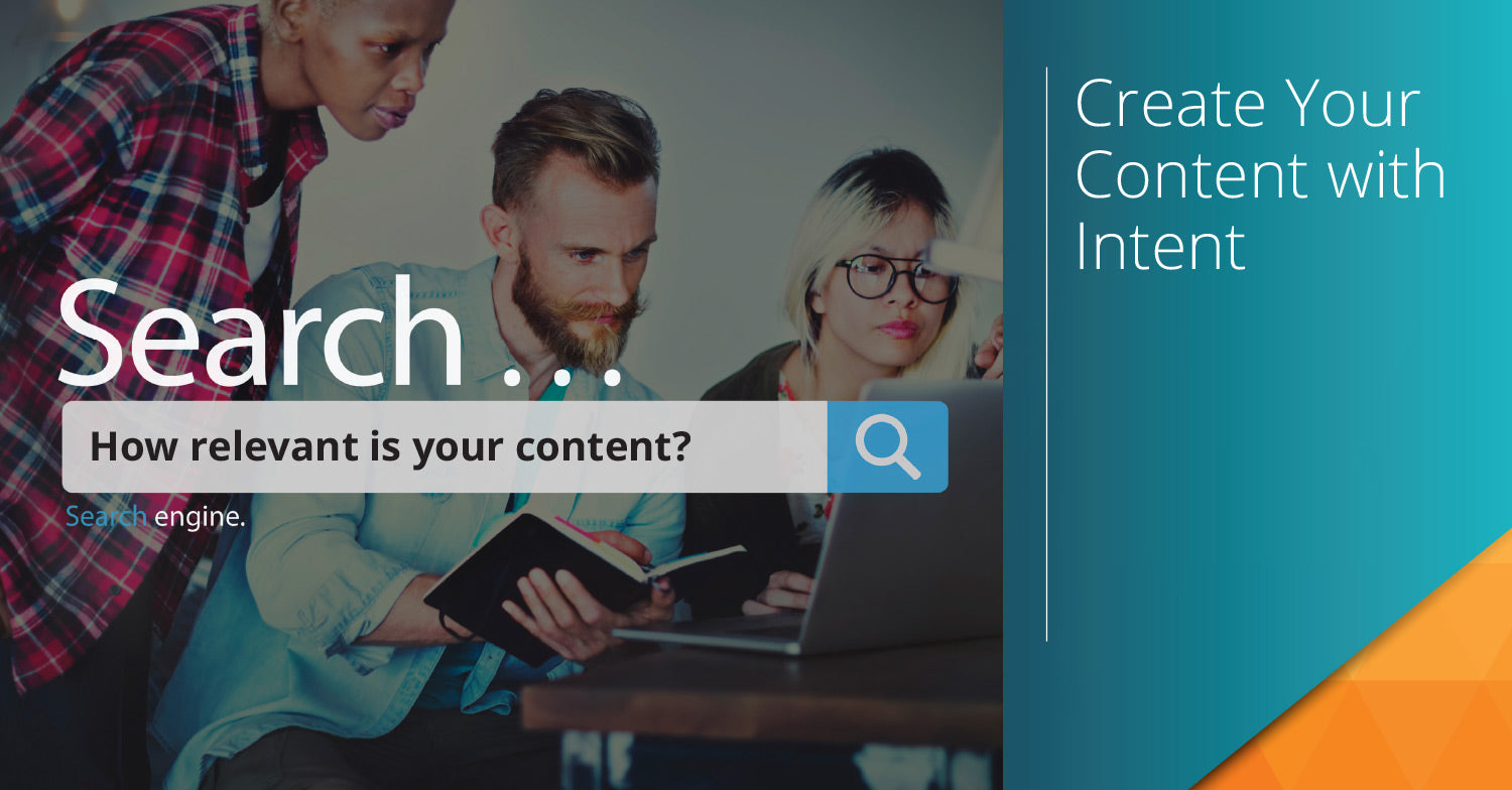 Marketing team working on laptop researching search intent with a text overlay that says 